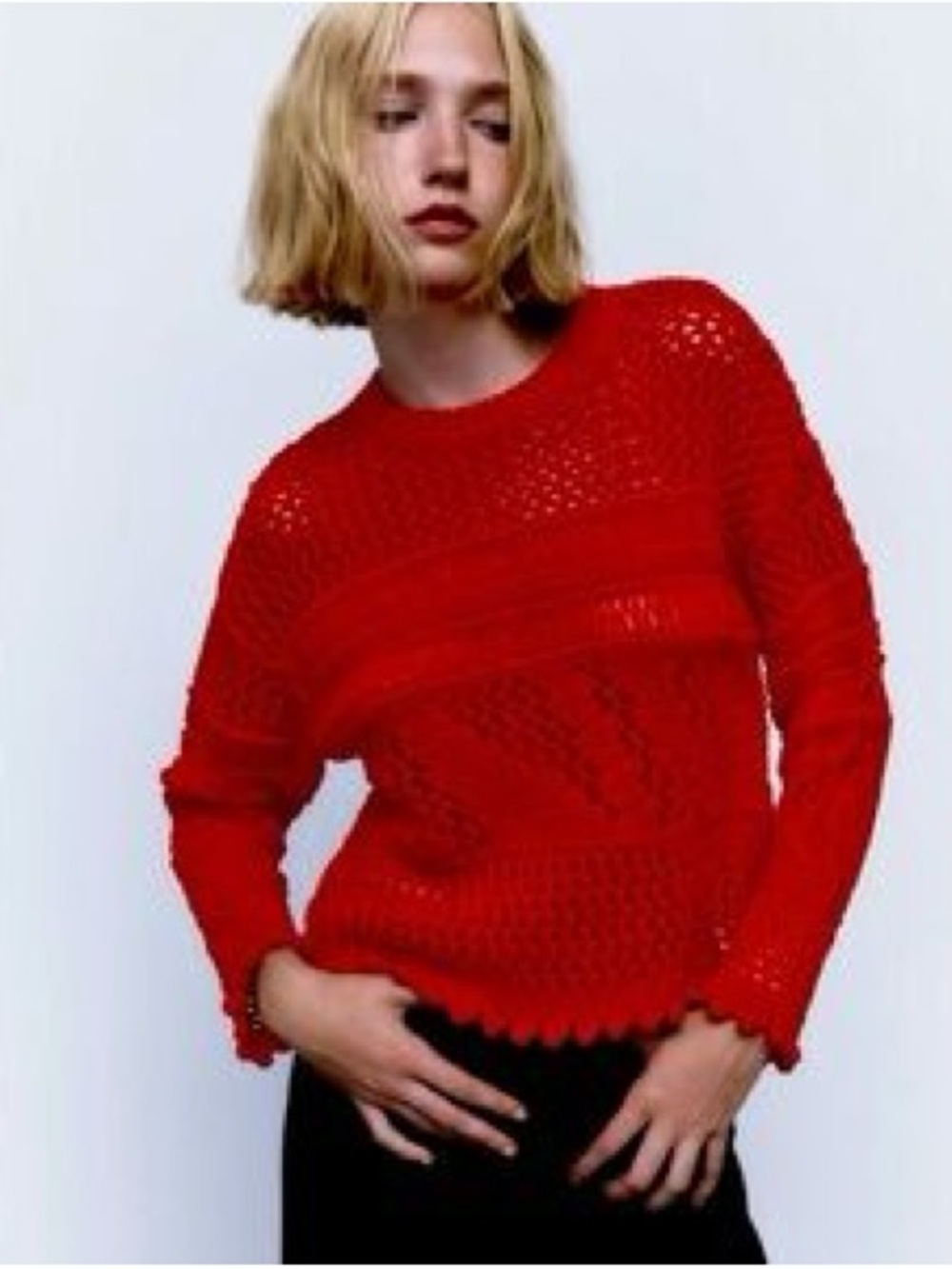 Zara Bright Red Openwork Crewneck Sweater